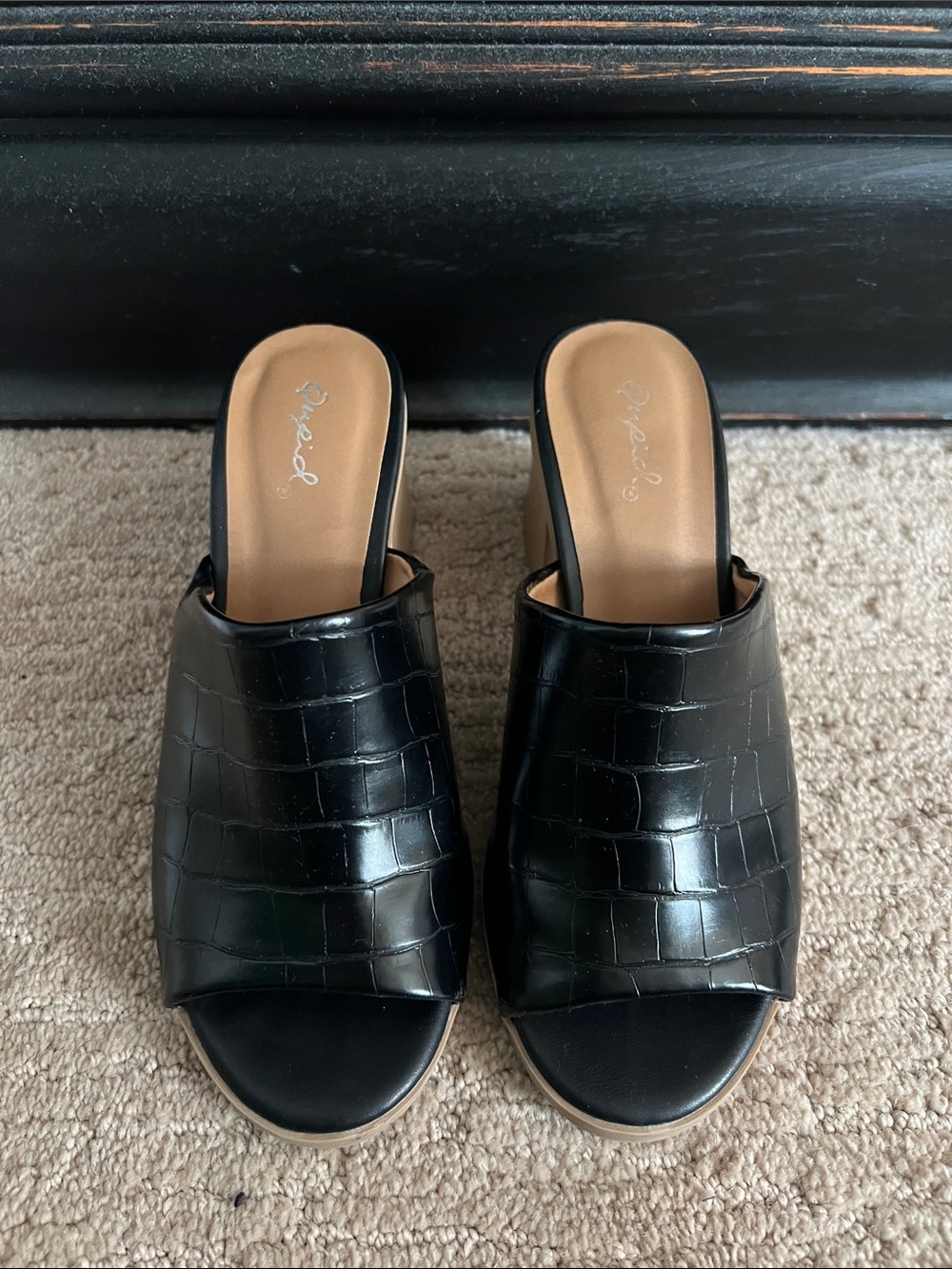 Black Croc-Embossed Slide Heels - Women
